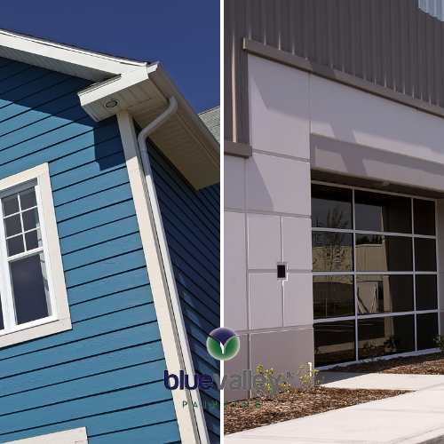 A split image showing a freshly painted blue residential house with white trim and gutters on the left, and a modern commercial building with gray and white panels and a black garage door on the right.